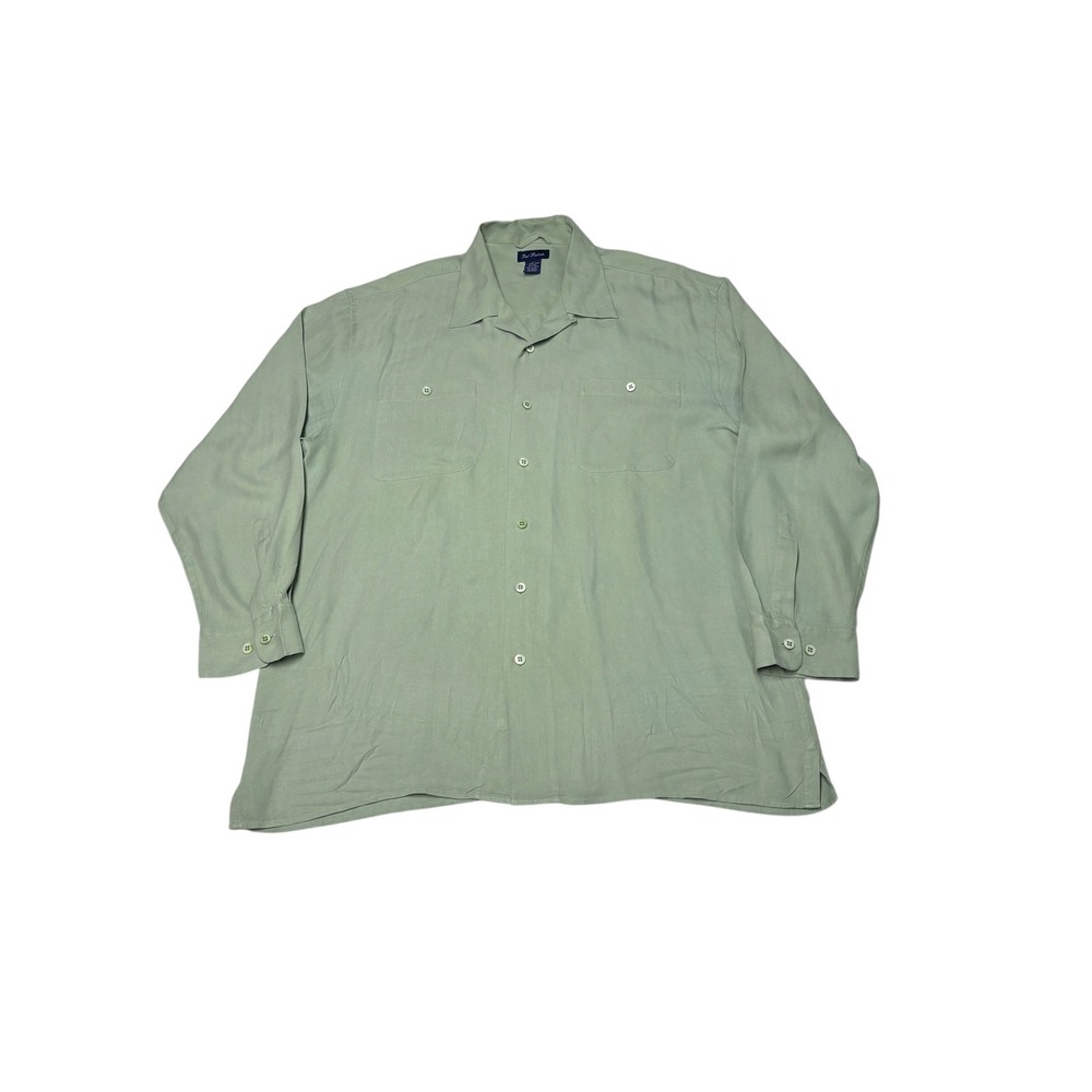 Paul Fredrick Mens XL Sage Green 100% Silk Herringbone Long‎ Sleeve Button Shirt
